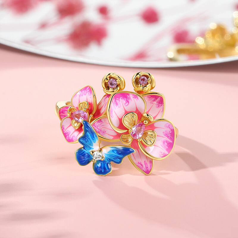 Jeulia バタフライ フラワー 蝶 花 エナメル シルバー リング
