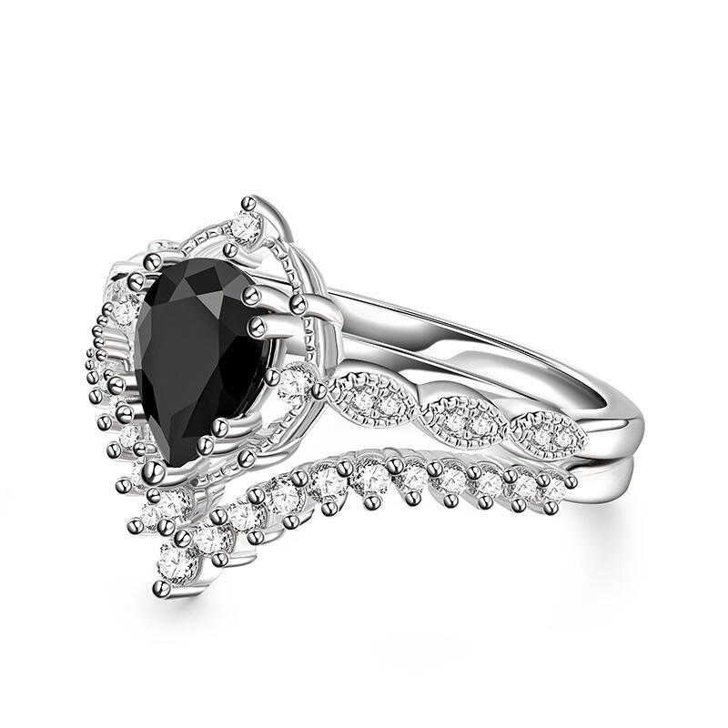 Jeulia Conjunto de Anillos de Plata de Ley con Corte de Pera de Estilo Art Deco