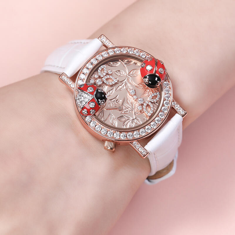 Jeulia "Vivid Natural" Ladybug Design Quartz White Leather Women's Watch