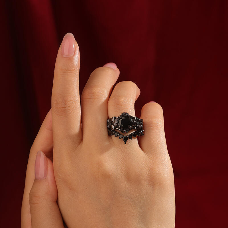Jeulia Ruby Rose Black Skull Wedding Ring Set Sterling Silver