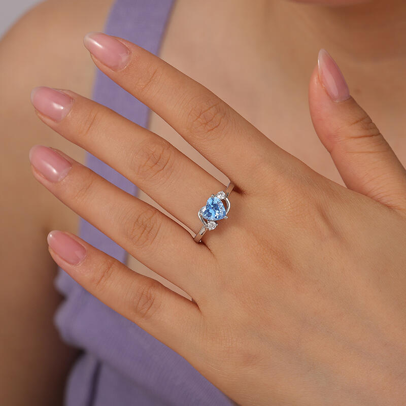 Jeulia Wave Design Three Stone Heart Promise Ring with Birthstone Sterling Silver