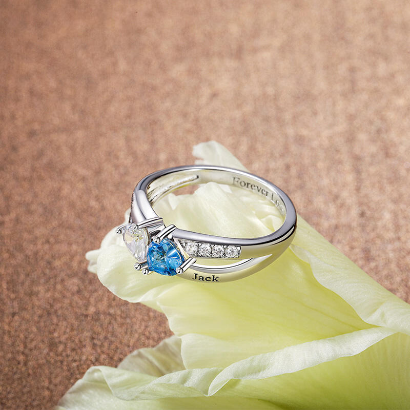 Jeulia Anillo con Dos Corazones Personalizado con Piedras de Nacimiento Diseño Trenzado Simple
