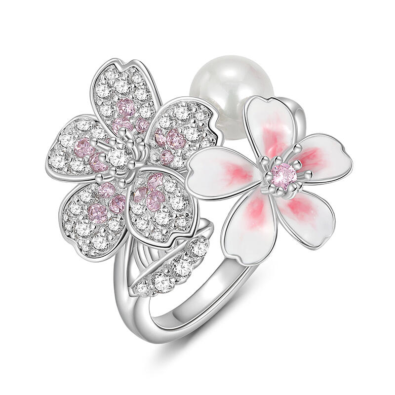 Jeulia Cherry Blossoms Gradient Pink Enamel Ring with Pearl
