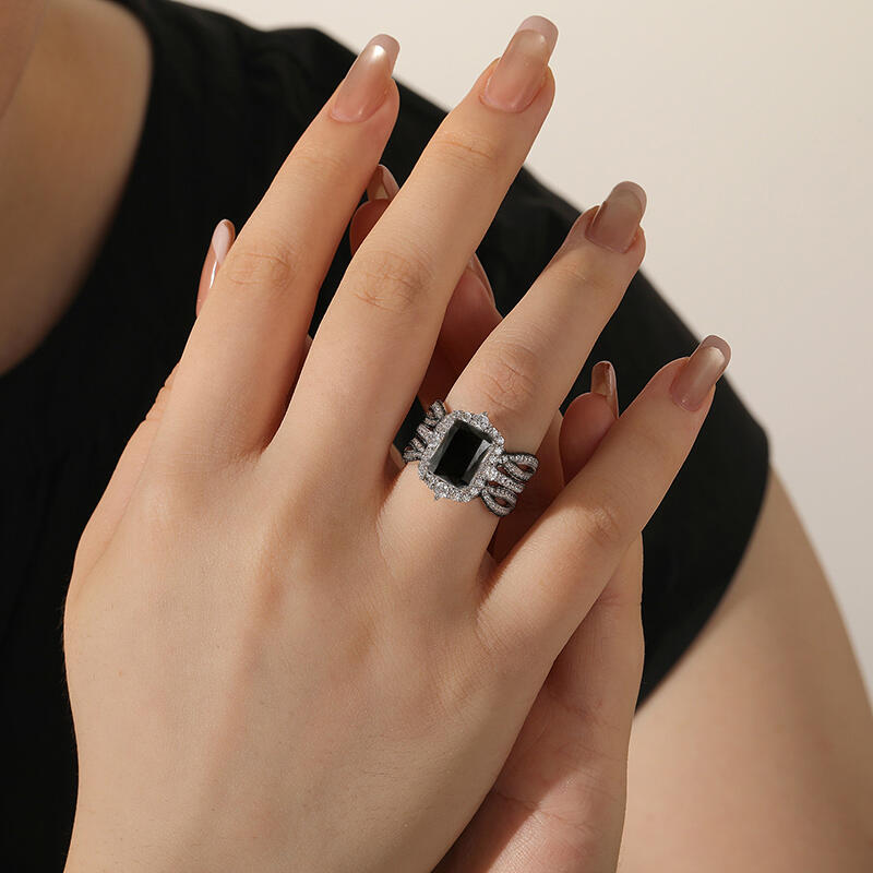 Jeulia Juego de Anillos de Compromiso Halo Radiante Negro Intercambiable y Trenzado