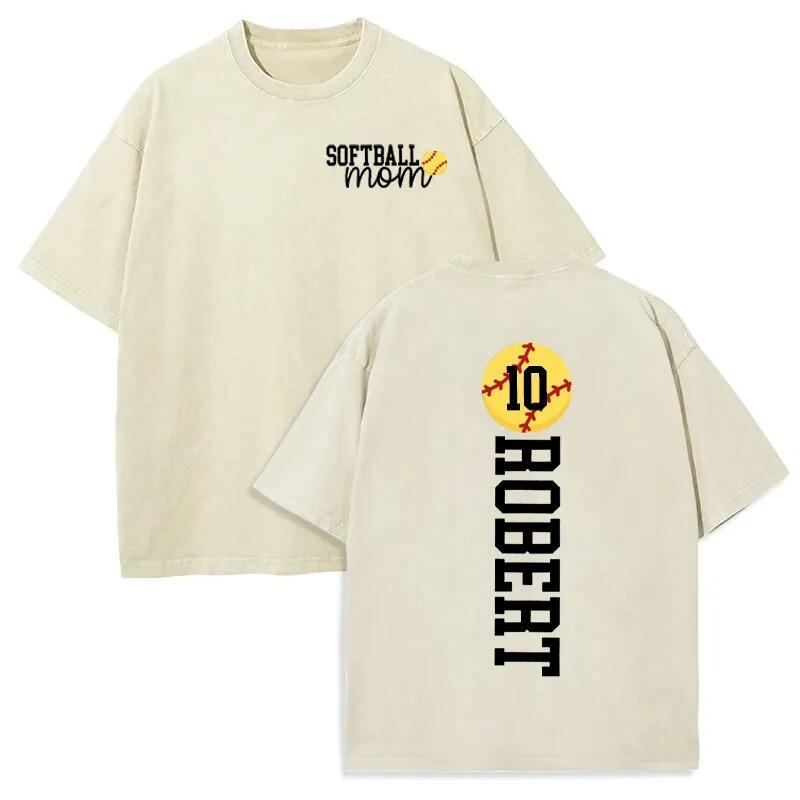 Personalized Washed T-shirt Softball Mom Custom Name and Jersey Number Perfect Gift for Sports Lovers