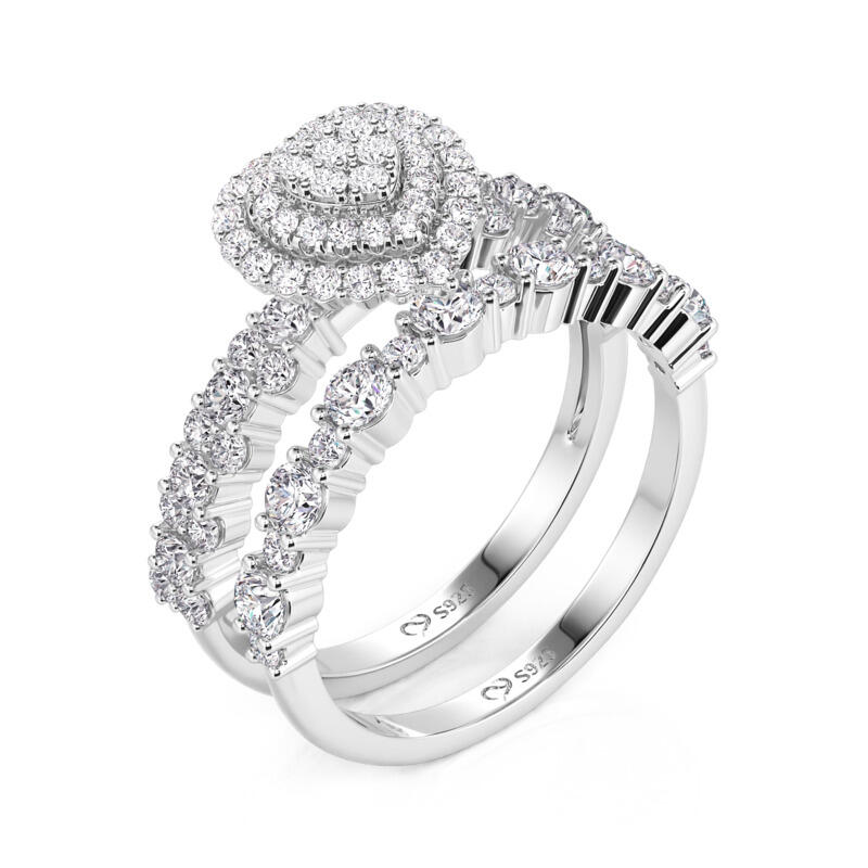 Jeulia Juego de Anillos de Compromiso Corazón Doble Halo de Plata de Ley