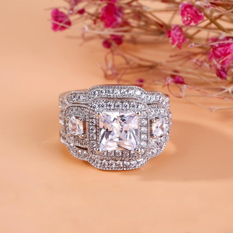 Jeulia Halo Princess Cut Sterling Silver Ring Set