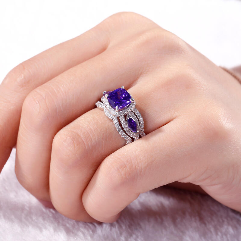 Jeulia Halo Three Stone Cushion Cut Sterling Silver 3PC Ring Set