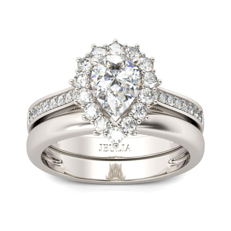 Jeulia Halo Pear Cut Sterling Silver Ring Set