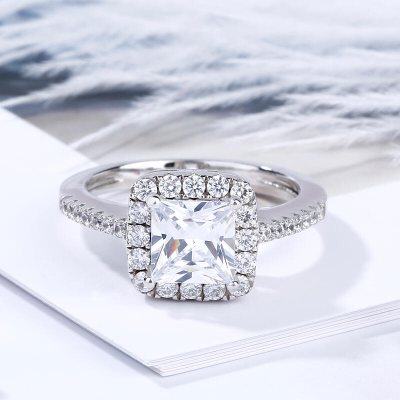 Jeulia Halo Princess Cut Sterling Silver Ring
