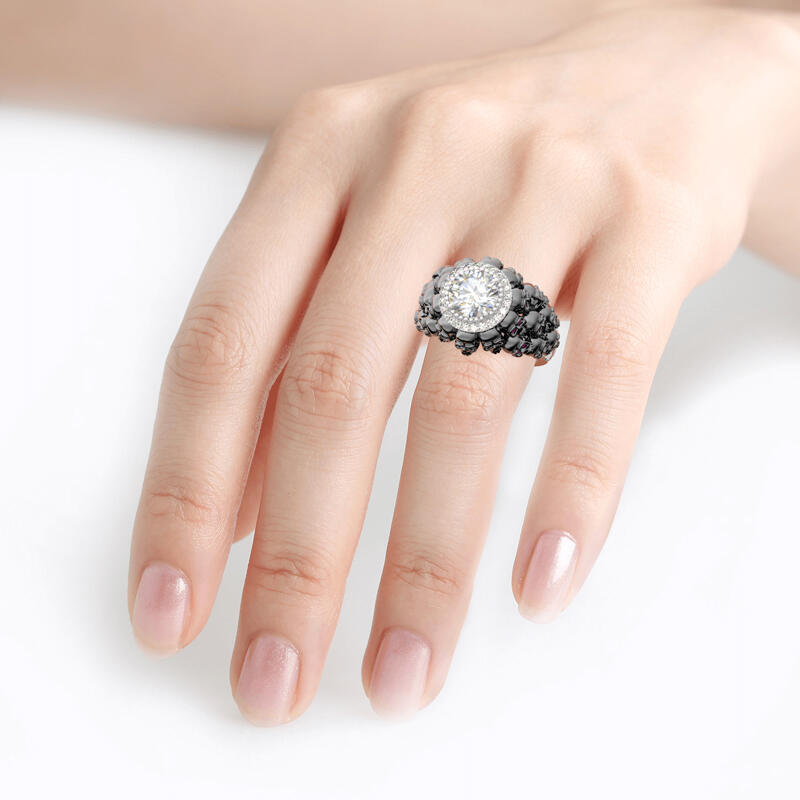 Jeulia Anillo De Calavera De Plata Esterlina Con Talla Redonda De Dos Tonos Con Halo