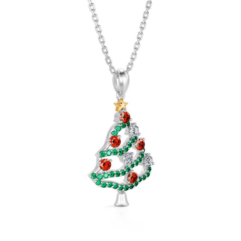 Jeulia "Happy Christmas" Christmas Tree Sterling Silver Necklace