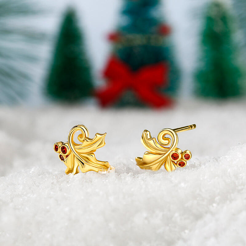 Jeulia "Everlasting Mistletoe" Gold Tone Sterling Silver Stud Earrings