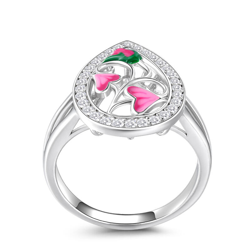 Jeulia Anillo para Mujer Grande de Plata Esmaltada Flor Rosa