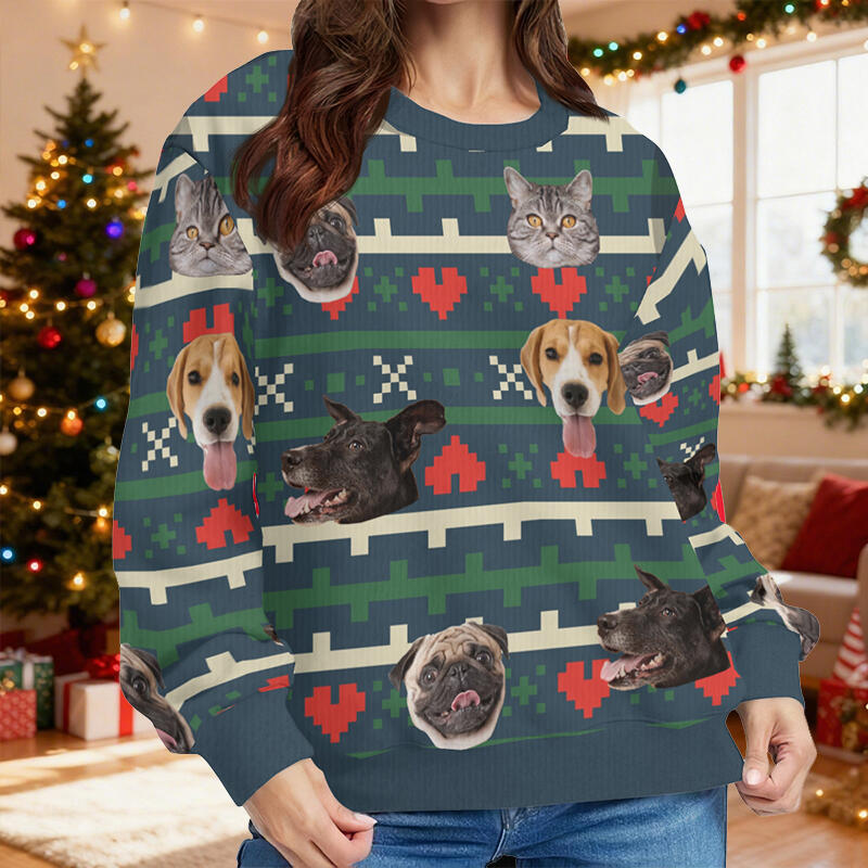 Pull moche personnalisé unisexe avec photo de la tête de votre animal de compagnie style festival cadeau de Noël pour les amoureux des animaux