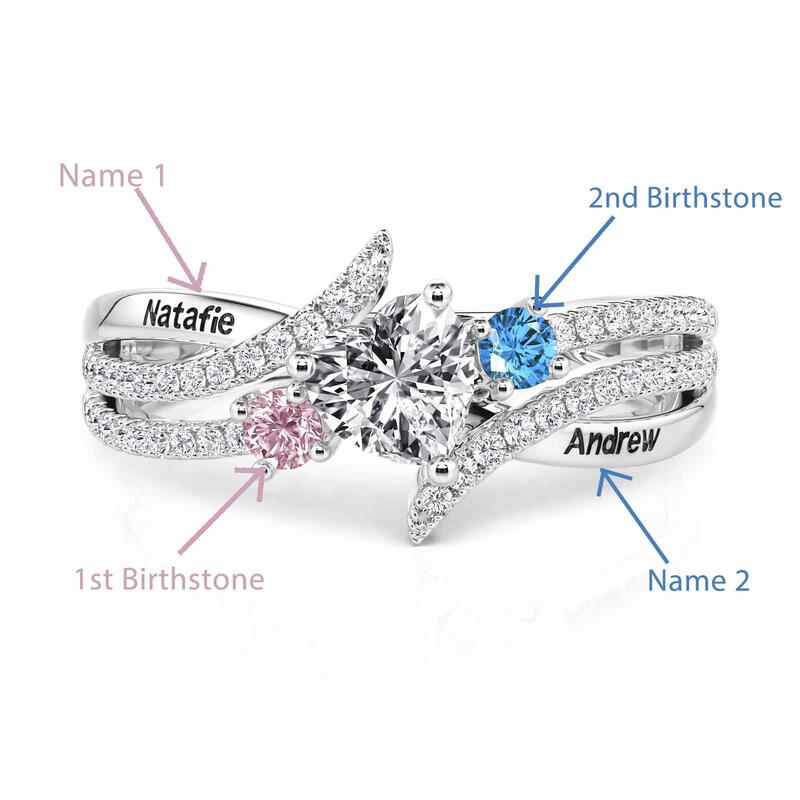 Jeulia Custom Three Stone Engraved Name Ring with Birthstone