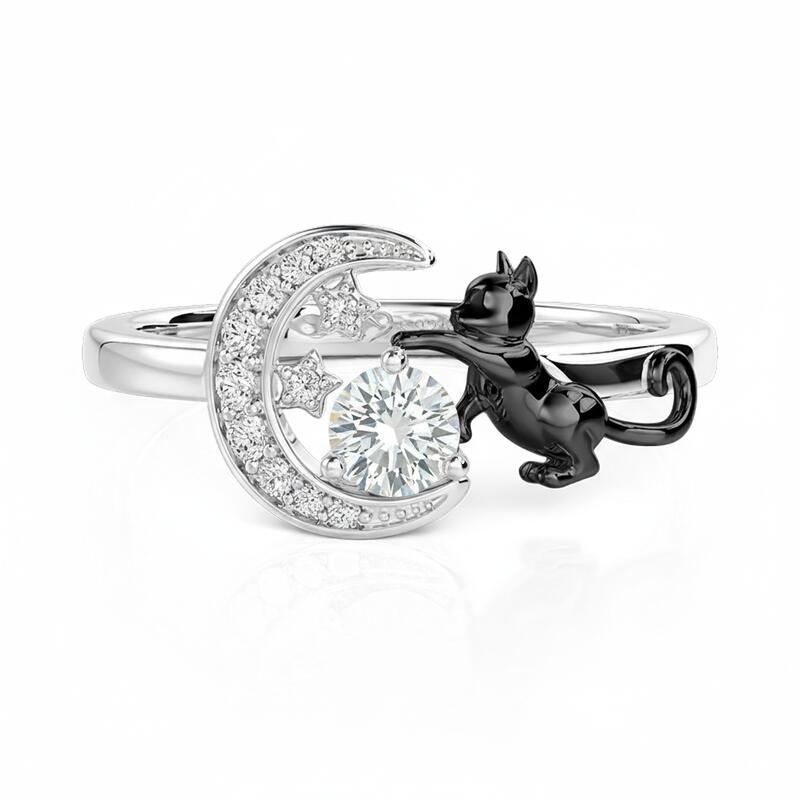 Jeulia Custom Black Cat Moon and Star Ring With Birthstone