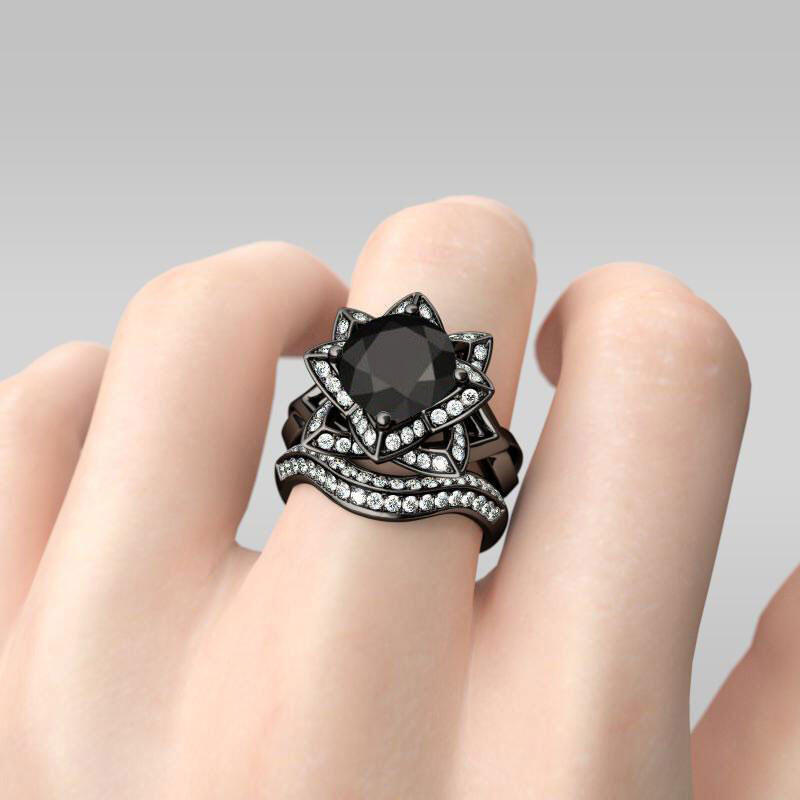 Jeulia Lotus Halo Round Cut Sterling Silver Ring Set