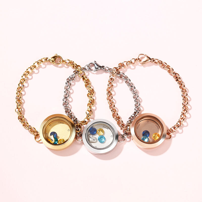 "I Love You Mom" Engraved Floating Locket Bracelet With Charms And Birthstones Stainless Steel