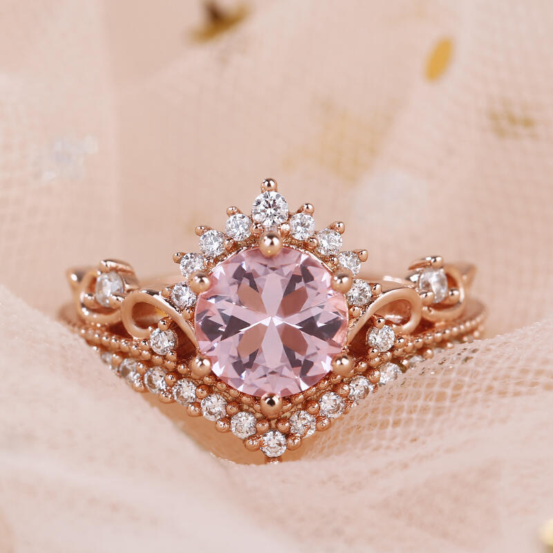 Jeulia Crown Design Round Cut Synthetic Morganite Sterling Silver Ring