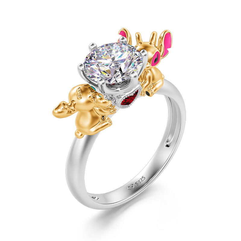 Jeulia Hug Me "Love Story" Little Monster Couple Round Cut Sterling Silver Ring