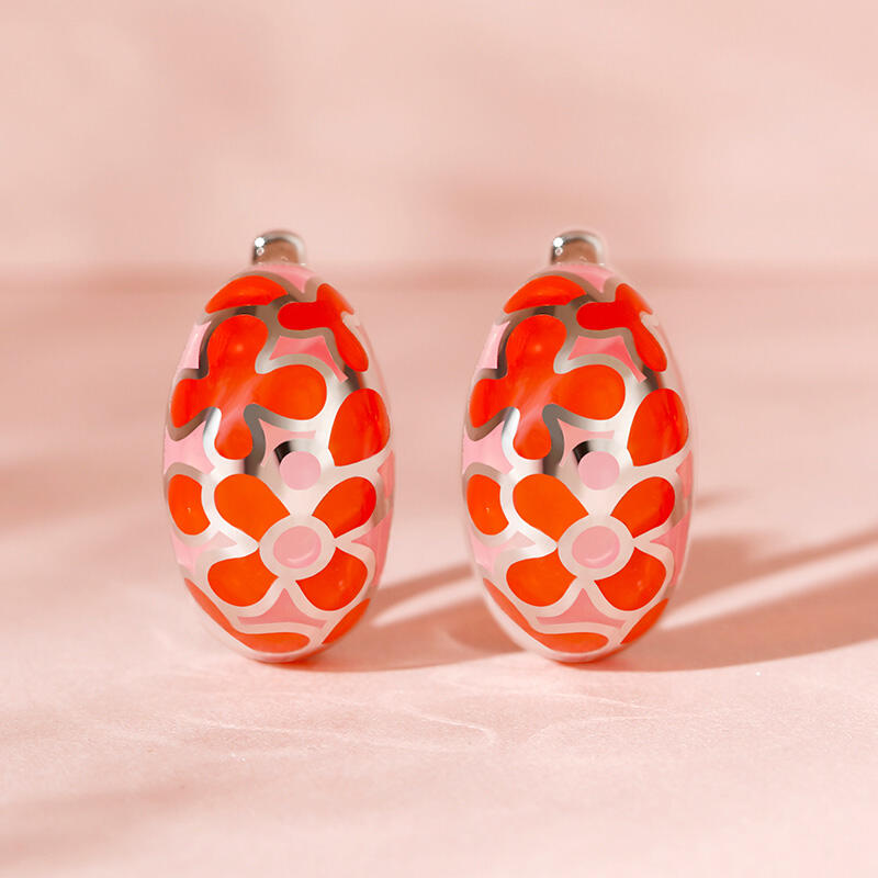 Jeulia Pendientes de aro con esmalte de flores rojas de plata de ley