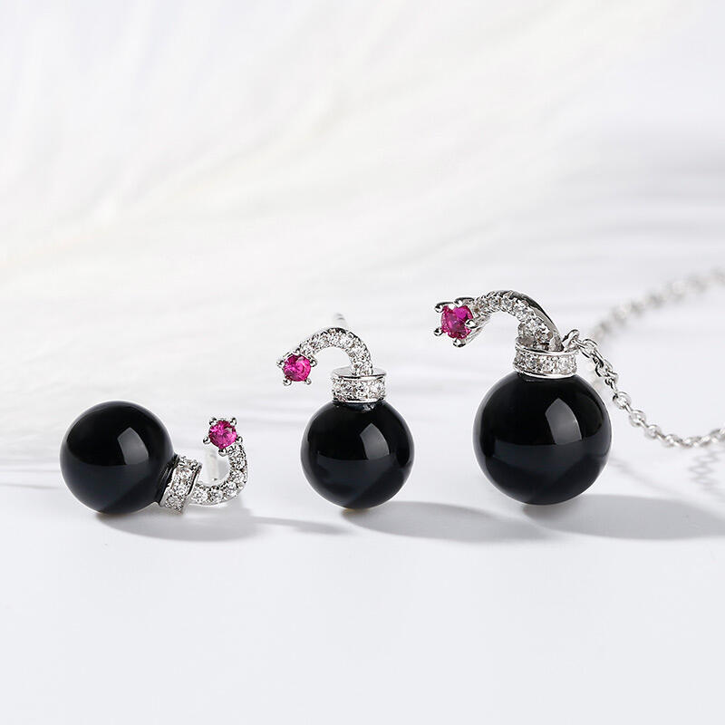 Jeulia Bomb Design Cultured Black Pearl Sterling Silver Jewelry Set