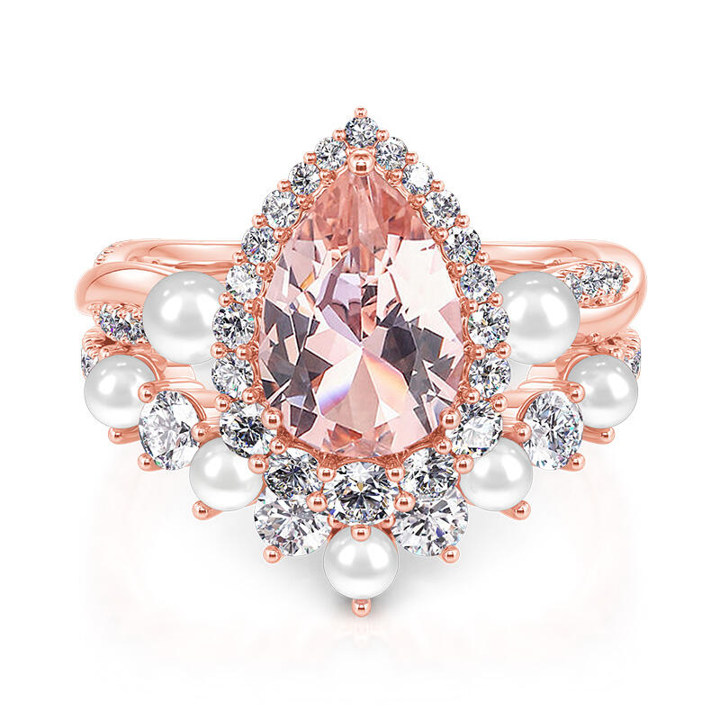 Jeulia Twist Halo Pear Wedding Ring Set Morganite Pearl