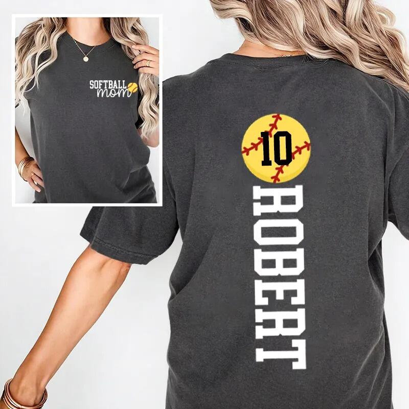 Personalized Washed T-shirt Softball Mom Custom Name and Jersey Number Perfect Gift for Sports Lovers