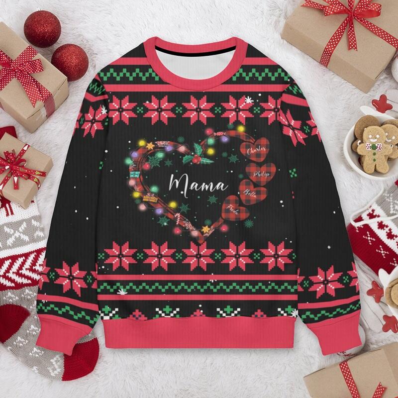 Suéter feo personalizado unisex con nombre para niños, diseño de corona de corazón, regalo de Navidad para mamá y familia