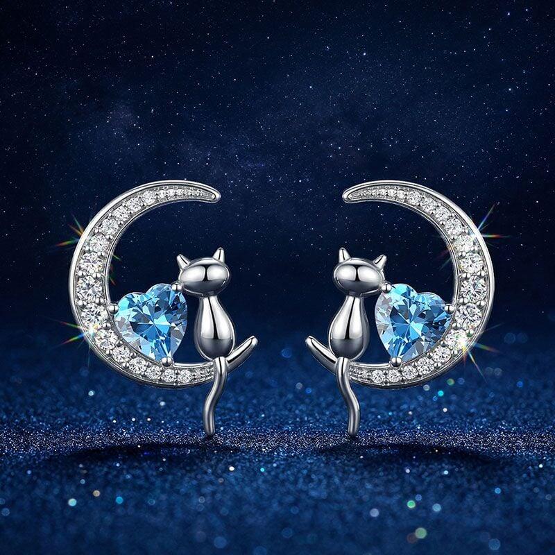 Custom Cat on Moon Earrings with Heart Birthstone