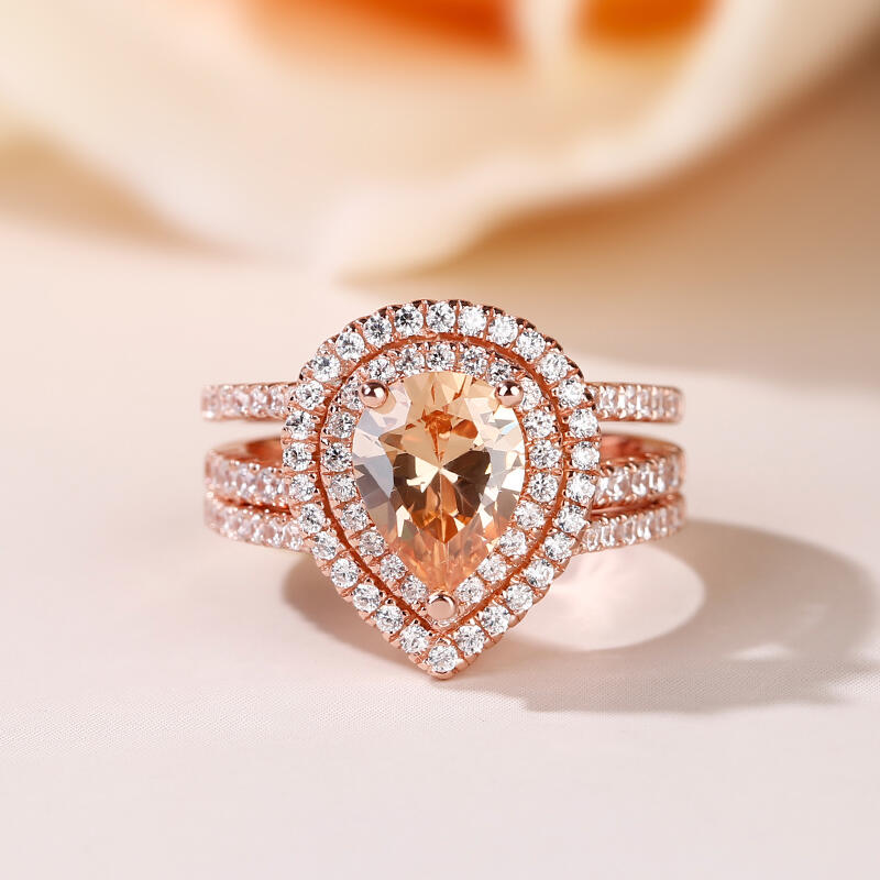 Jeulia Double Halo Pear Cut Sterling Silver Ring Set