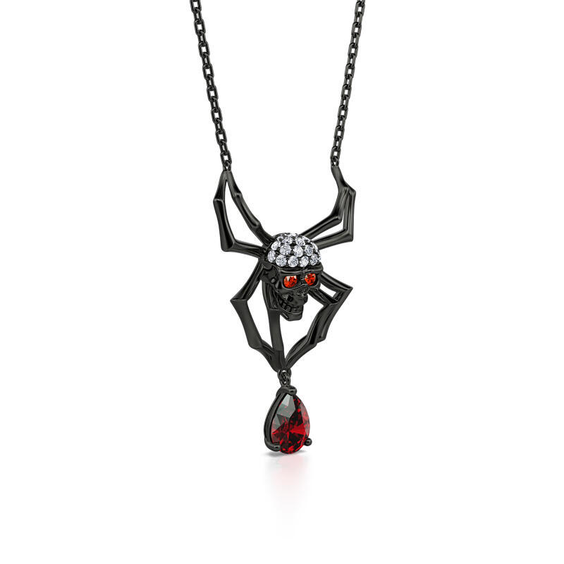 Jeulia Black Tone Spider with Skull Head Sterling Silver Necklace