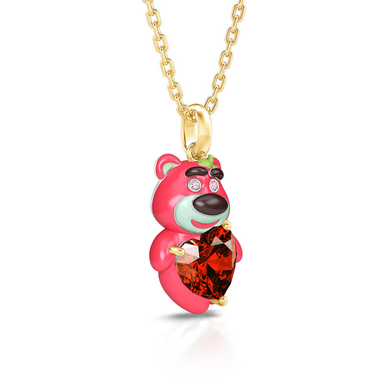 Jeulia Hug Me "Pink Boy"  Bear with Strawberry Sterling Silver Necklace