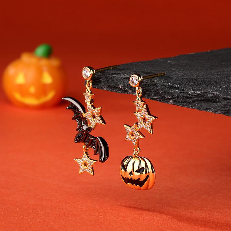 Jeulia "Halloween Fun" Bat & Pumpkin Sterling Silver Asymmetrical Earrings