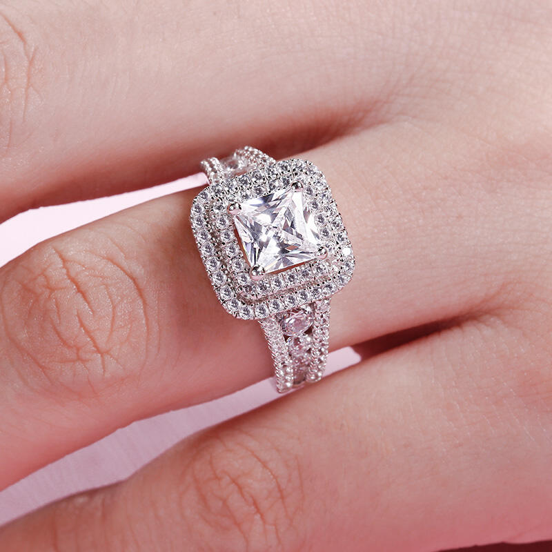 Jeulia Halo Princess Cut Sterling Silver Ring