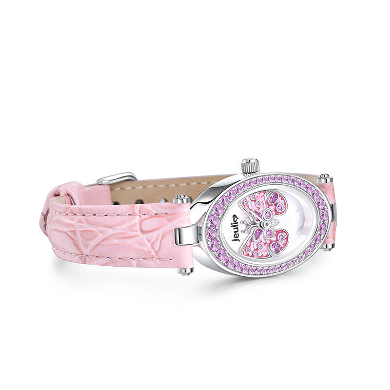 Jeulia "Fluttering Moment" Butterfly Quartz Pink Leather Watch with Mother of Pearl Dial