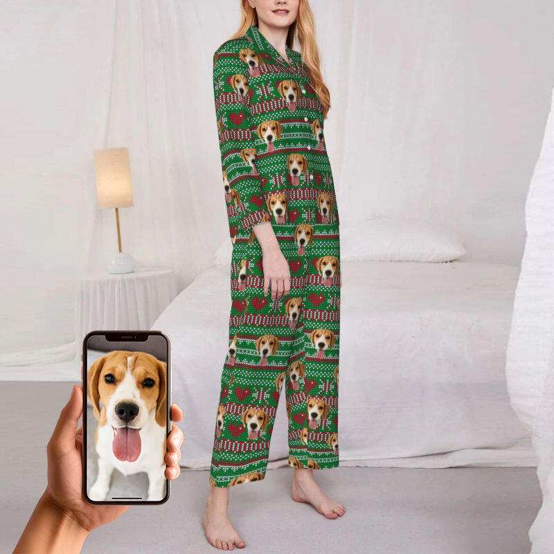 Pyjama personnalisé avec photo d'animal de compagnie personnalisée, design de style pixel d'amour de Noël, cadeau parfait pour la famille