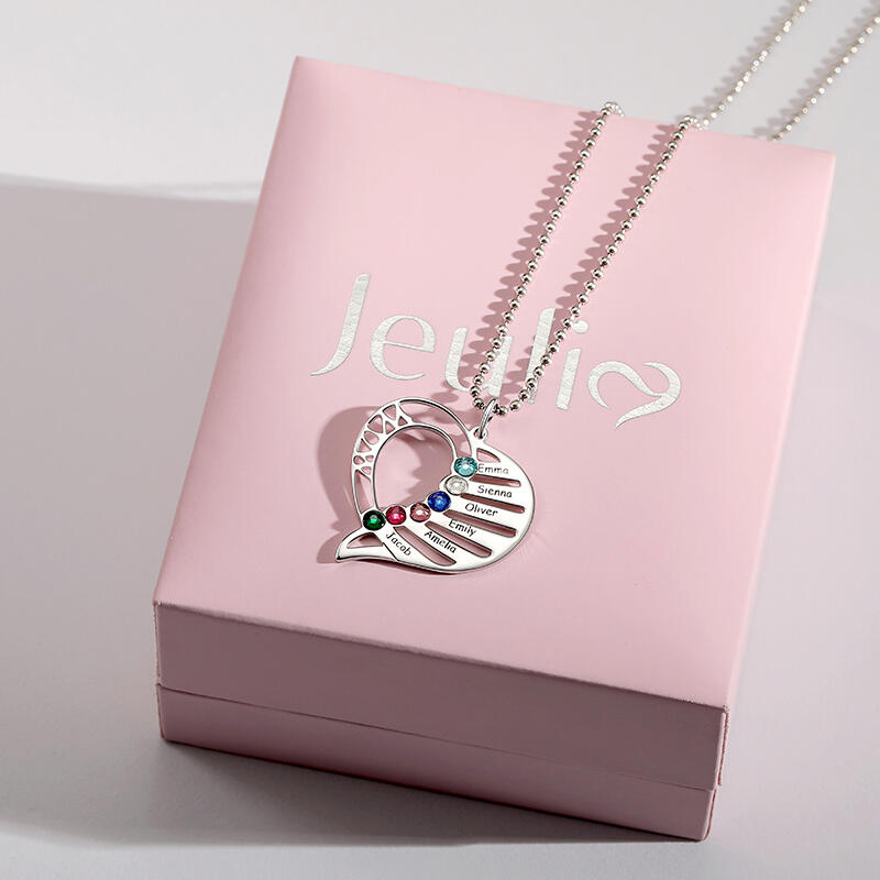 Jeulia Engraved Heart Necklace With Birthstones Sterling Silver