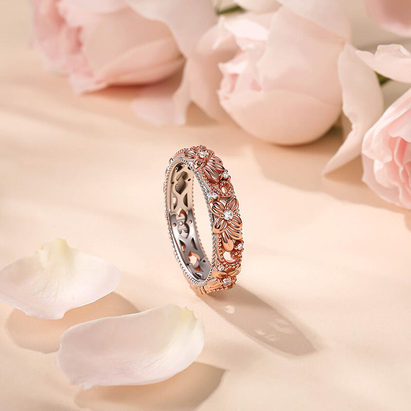 Jeulia Anillo de Boda Floral en Relieve Bicolor con Pavé de Piedras