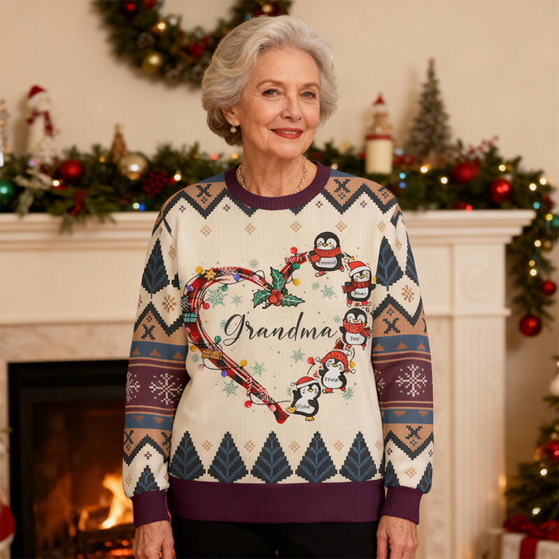 Personalisierter hässliche Weihnachtspullover Unisex Individueller Spitzname Niedliches Pinguin-Design für Kinder Perfektes Weihnachtsgeschenk für die Familie