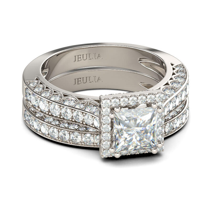 Jeulia Halo Princess Cut Sterling Silver Ring Set