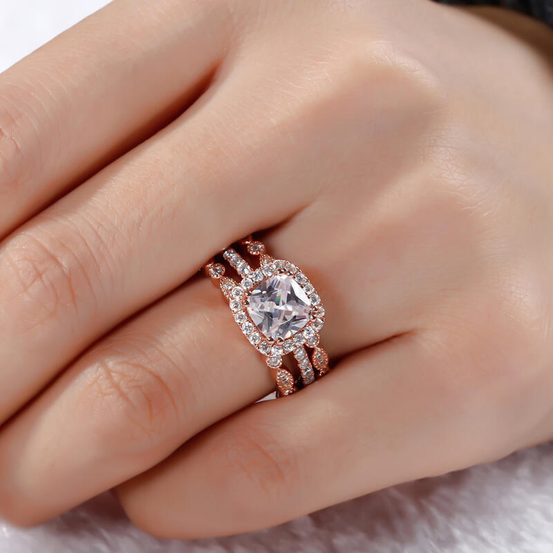 جوليا طقم خواتم هالة الفضة الإسترليني بقطع مربع مجموعة من ثلاث حلقات