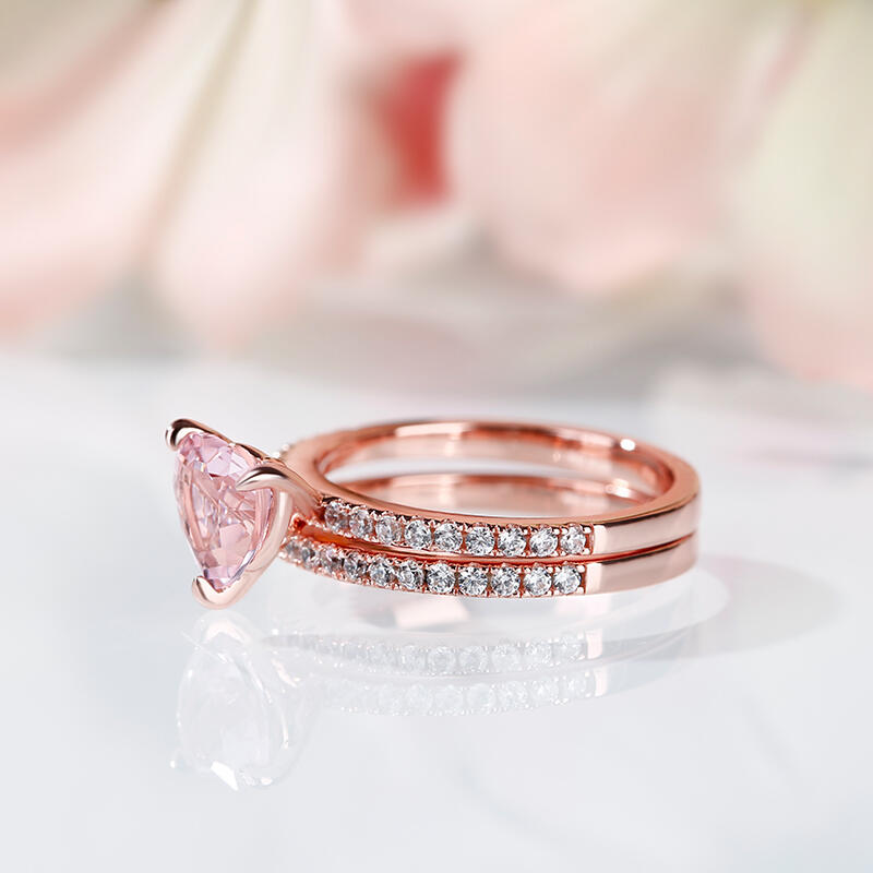 Jeulia Pink Heart Cut Synthetic Morganite Sterling Silver Ring Set