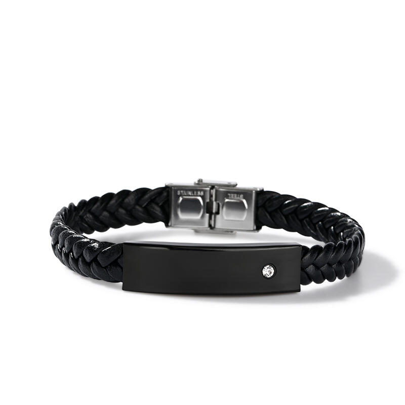 Jeulia Rhinestone Stainless Steel Leather Men's Bracelet