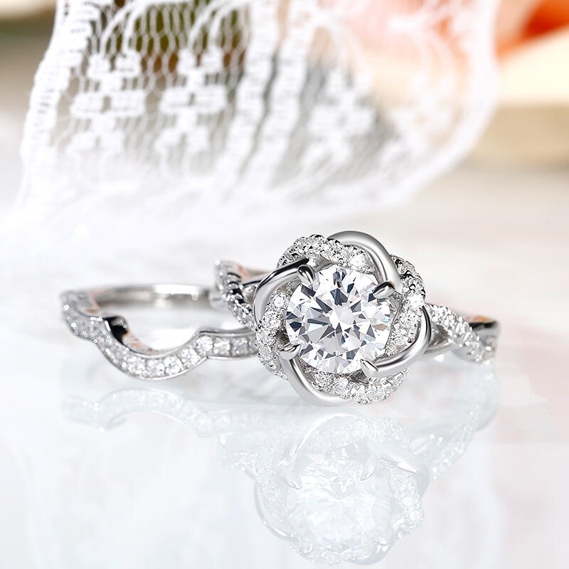 Jeulia Twist Floral Round Cut Sterling Silver Ring Set