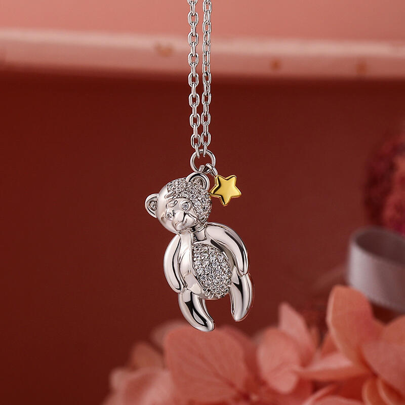 Jeulia Colar bonito de prata esterlina com urso e estrela para mulheres