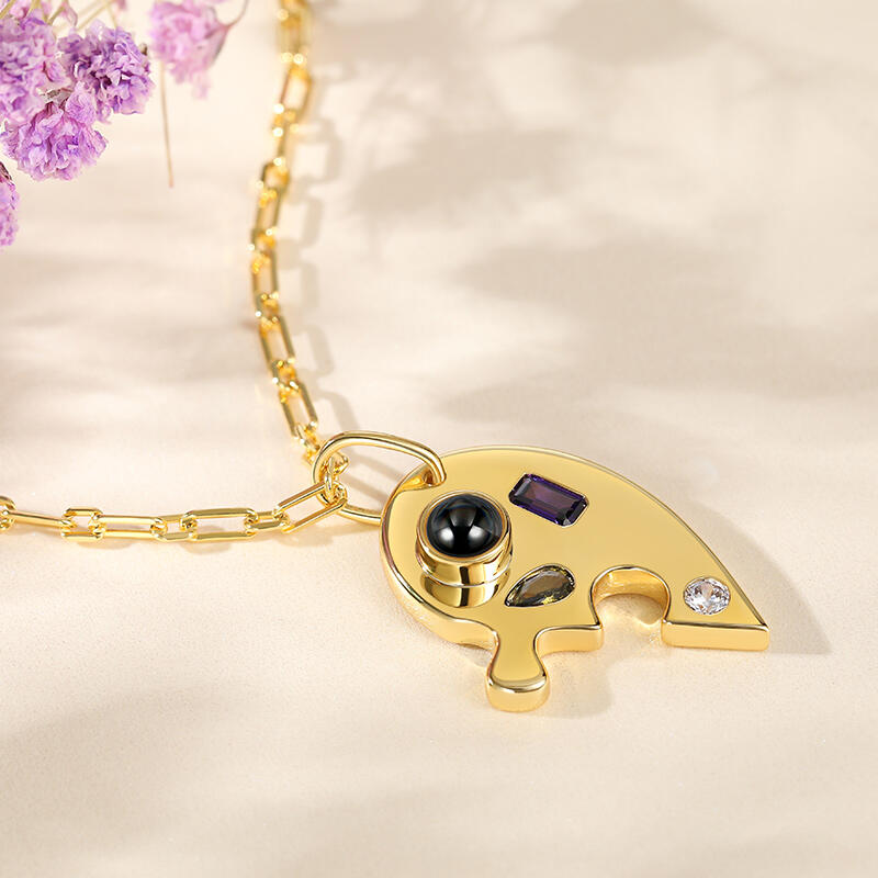 Jeulia Half Heart Puzzle Design Personalized Photo Projection Sterling Silver Necklace