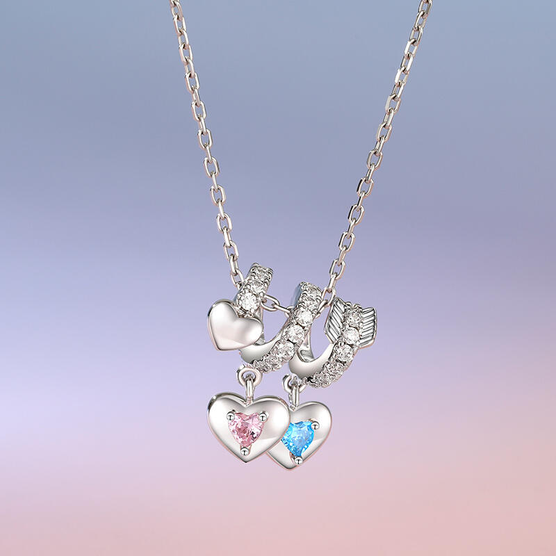 Jeulia "Heart to Heart" Custom Arrow Birthstone Necklace Silver Engravable