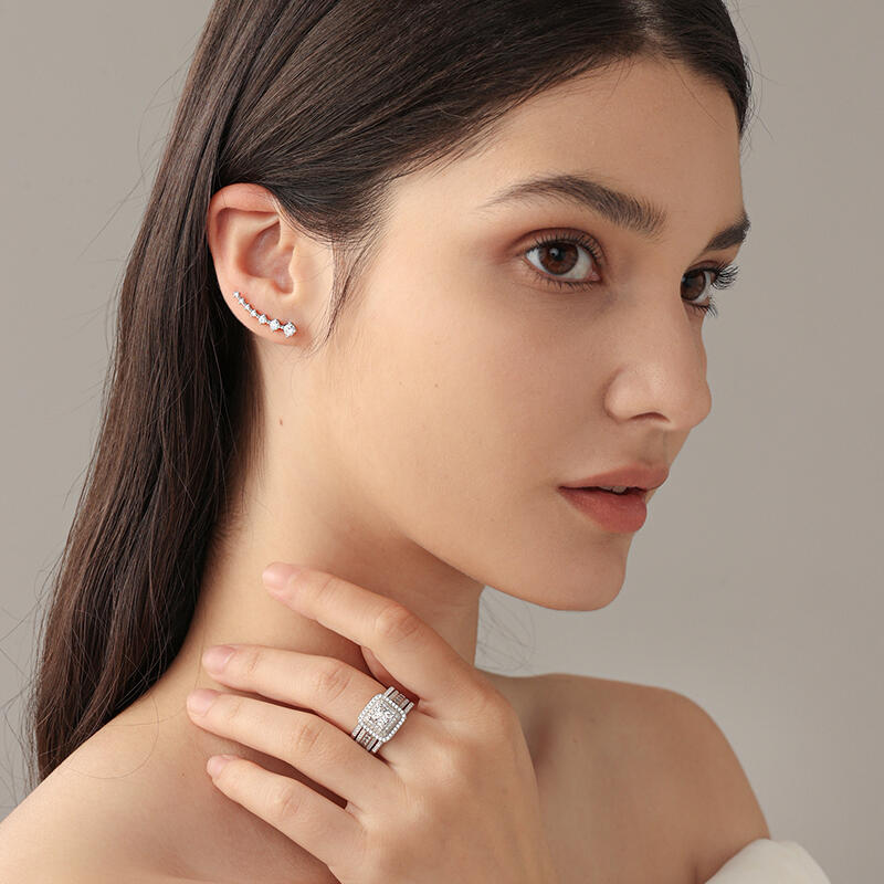 Jeulia Three Halo Princess Cut Sterling Silver Enhancer Ring Set